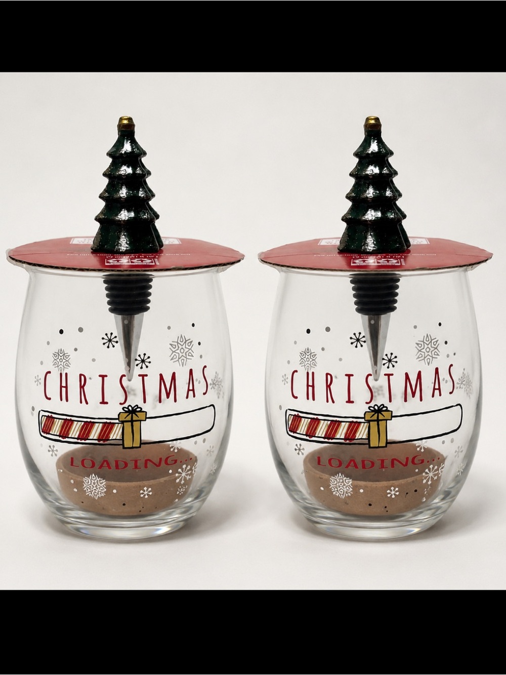 Christmas Loading Holiday Wine Glass Pair with Tree Bottle Stoppers Red/Green
